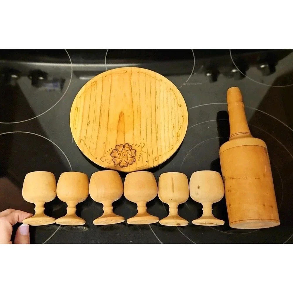 Vintage Burnt Wooden Pyrography Folk Art Decanter w\ Small Platter and 6 Goblets
